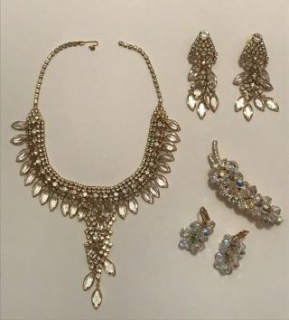 Vintage Juliana Bezel Clear Crystal Rhinestone Waterfall Necklace & Brooch Set