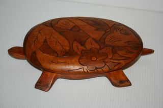 Turtle Tortoise Hand Carve Stain Solid Wood Art Box Trinket Dish & Lid 12 " Long
