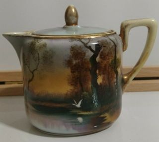 Vintage Nippon Japanese Porcelain Hand Painted Tea Pot Lake Swan Scenery