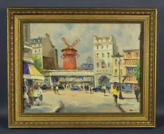Vtg Julien Brosius French Oil Painting Paris Moulin Rouge Busy Street Scene