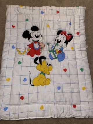 Vtg Dundee Disney Babies Blanket Mickey Mouse Minnie Hearts Pluto Crib Comforter