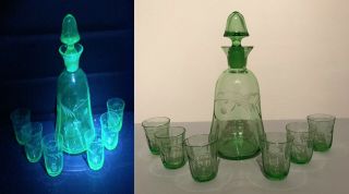 Vtg Art Deco Bohemian Set Decanter & 6 Glasses Green Uranium Vaseline Cut Glass