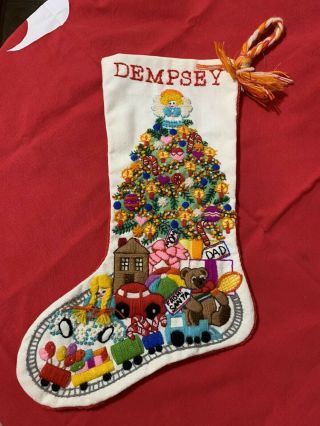 Sunset Stitchery Christmas Fantasy Tree Stocking Crewel Embroidery Vtg Completed