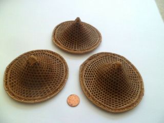 3 Antique Chinese Finely Woven Miniature Coolie Hats,  Dolls?,  Children?