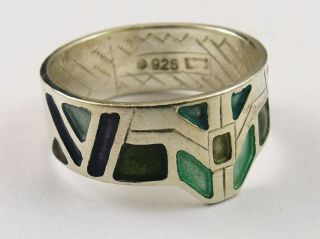 Vintage Sterling Silver And Enamel Ring By Pat Cheney Art Deco Style Size P