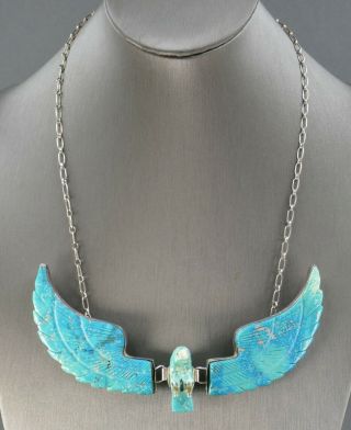 Fine Vtg Navajo Indian Sterling Silver Turquoise Wing Flying Eagle Necklace