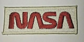 Vintage Nasa Worm Logo Patch Red Letter,  White Background 4 1/4 " X 1 ½ " Nos