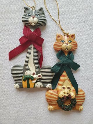 2 Kurt Adler Tabby Cat Christmas Ornaments Orange And Gray Tabby Cats W/ Mice
