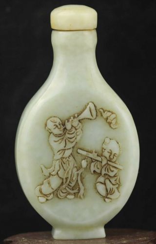 Chinese Old Natural Hetian Jade Hand - Carved Statue Boy Snuff Bottle 3.  3 Inch