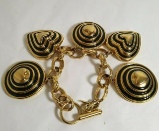 Vintage Escada Large Bracelet Gold Tone & Black Enamel Hearts Discs Charms