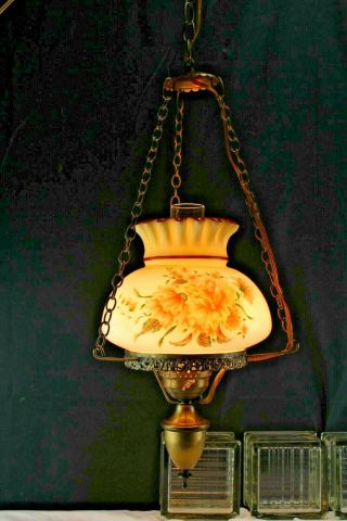 Vintage Ceiling Fixture Hanging Light Student Shade Milk Glass Orange Roses