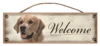 Golden Retriever " Welcome " Rustic Wall Sign Plaque Gifts Home Ladies Pets Dogs