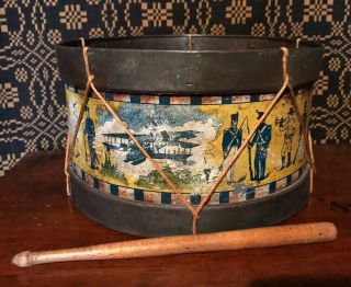 Rare Antique Primitive Nonpareil American Military Tin Drum Set Litho Toy Aafa