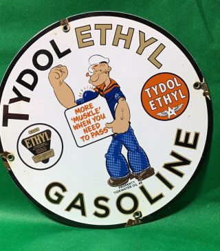 Vintage Porcelain Popeye Tydol Ethyl Gasoline Gas Oil Sign Marked 48 Pump Plate