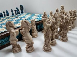 Vintage Mexico Chess Set Stone/Wood Aztec Mayan Conquistador 3