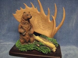 Brown Bear Figurine And Moose Antler With Bear Fishing Scene 6 X 6 Inches