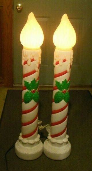 Vintage Pair Grand Venture Christmas Blow Mold Outdoor Holly Lighted Candles 36 "