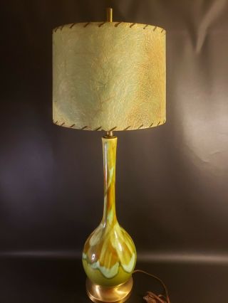 Vintage Green Mid Century Table Lamp Ceramic Drip Long Neck Fiberglass Shade