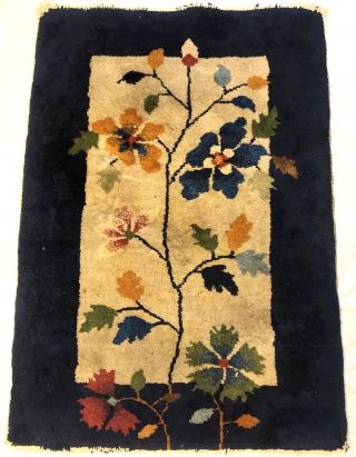 Antique Vintage Woven Area Rug Floral Cobalt Blue Heavy 35 " X 24 " Small Wool?