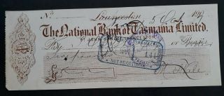 1907 Tasmania Australia National Bank Of Tasmania Launceston Cheque £5.  00