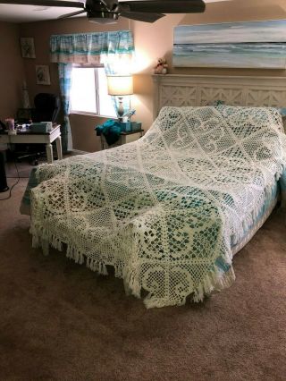 Vintage Hand Crochet Ivory Blanket King Blanket Bed Spread Cover 110 " X 90 "