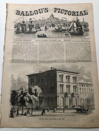1855 Ballou’s Antique Print View Of Union Club House In York City 11320