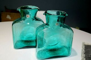 2 Vintage Blenko Teal Art Glass Carafe/water Pitcher Double Spout Block B Label