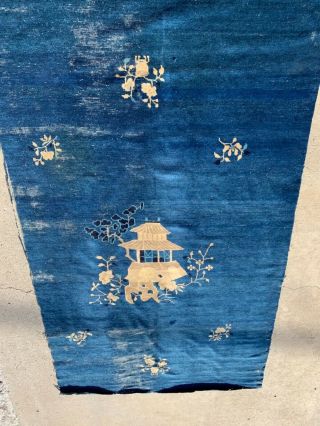 Antique Chinese Peking blue rug fragment 1900’s 7’4” x 4’4” w/ pavilion 2