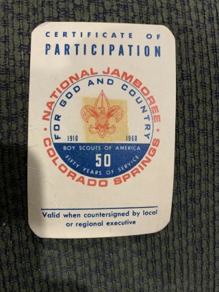 1960 National Jamboree Certificate Of Participation Card Fort Stanwix Council