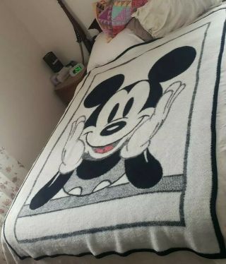 Vtg Biederlack Usa Disney Mickey Mouse Throw Blanket 76 X 52 Black White Red