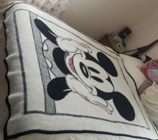 Vtg Biederlack USA Disney Mickey Mouse Throw Blanket 76 x 52 Black White Red 2