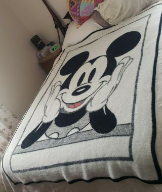 Vtg Biederlack USA Disney Mickey Mouse Throw Blanket 76 x 52 Black White Red 3