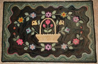 Early 20thc Antique American Folk Art Basket Of Flowers,  Wool Hooked Rug