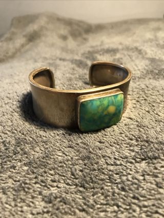 Vintage Mexico Taxco Sterling Silver Cuff Bracelet Yellow & Green Calcite Stone