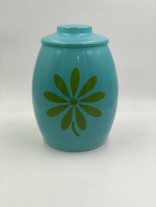 Vintage Mcm Bartlett Collins Glass Cookie Jar Aqua Blue W/ Green Daisy Flower