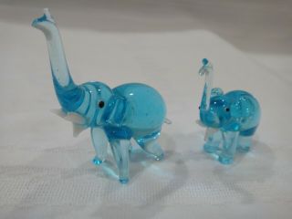 2 Vintage Hand Blown Blue Art Glass Elephant Figurine Trunk Up