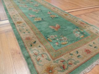 Antique 3x11 Chinese Art Deco Runner Area Rug Green Floral Wreath