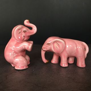 2 Vintage Ceramic Pink Mini Elephant Figurines Gold Accents Sitting Trunks Up 3 "