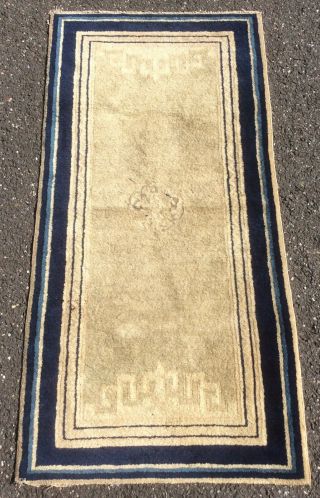 Art Deco Antique Chinese Vintage Wool Oriental Rug Carpet 4’x2’ Mat Navy Blue