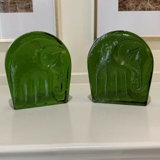 Vntg Blenko Joel Myers Mid Century Modern Emerald Green Glass Elephant Bookends