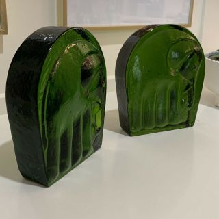 Vntg Blenko Joel Myers Mid Century Modern Emerald Green Glass Elephant Bookends 2