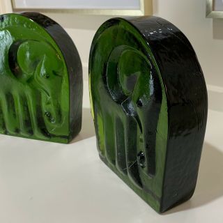 Vntg Blenko Joel Myers Mid Century Modern Emerald Green Glass Elephant Bookends 3