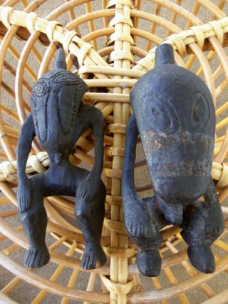2 Vintage Hand Carved Wood African Tribal Mask Figures Wooden Statue Sculptures