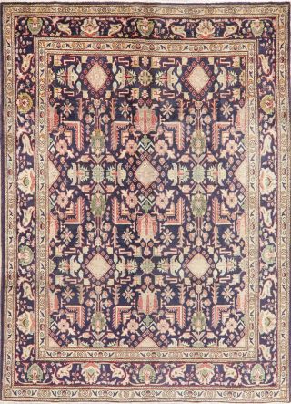 Vintage Geometric Tebriz Navy Blue Area Rug Hand - Knotted Oriental Carpet 7x10