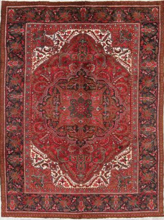 One - Of - Kind Vintage Geometric Heriz Oriental Hand - Knotted 7x10 Red Wool Area Rug