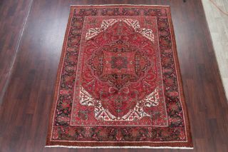 One - of - Kind Vintage Geometric Heriz Oriental Hand - Knotted 7x10 Red Wool Area Rug 2