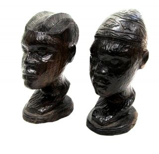 Finely Carved Pair Wood African Man & Woman Heads Sculpture Ebony Iron Wood ?