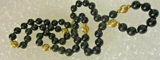 Vintage 24” Black Onyx Beads 7.  6mm Strand Necklace & 6 Grooved 14k Gold Bead Sta
