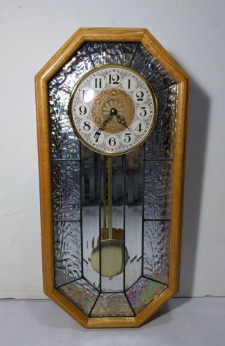 Vintage Octagonal Oak Wood & Glass Mirror Wall Clock Pendulum - Battery Germany