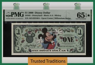 Tt 2000 Disney Dollar $1 Mickey & Epcot Happiest Note On Earth Pmg 65q Star Gem